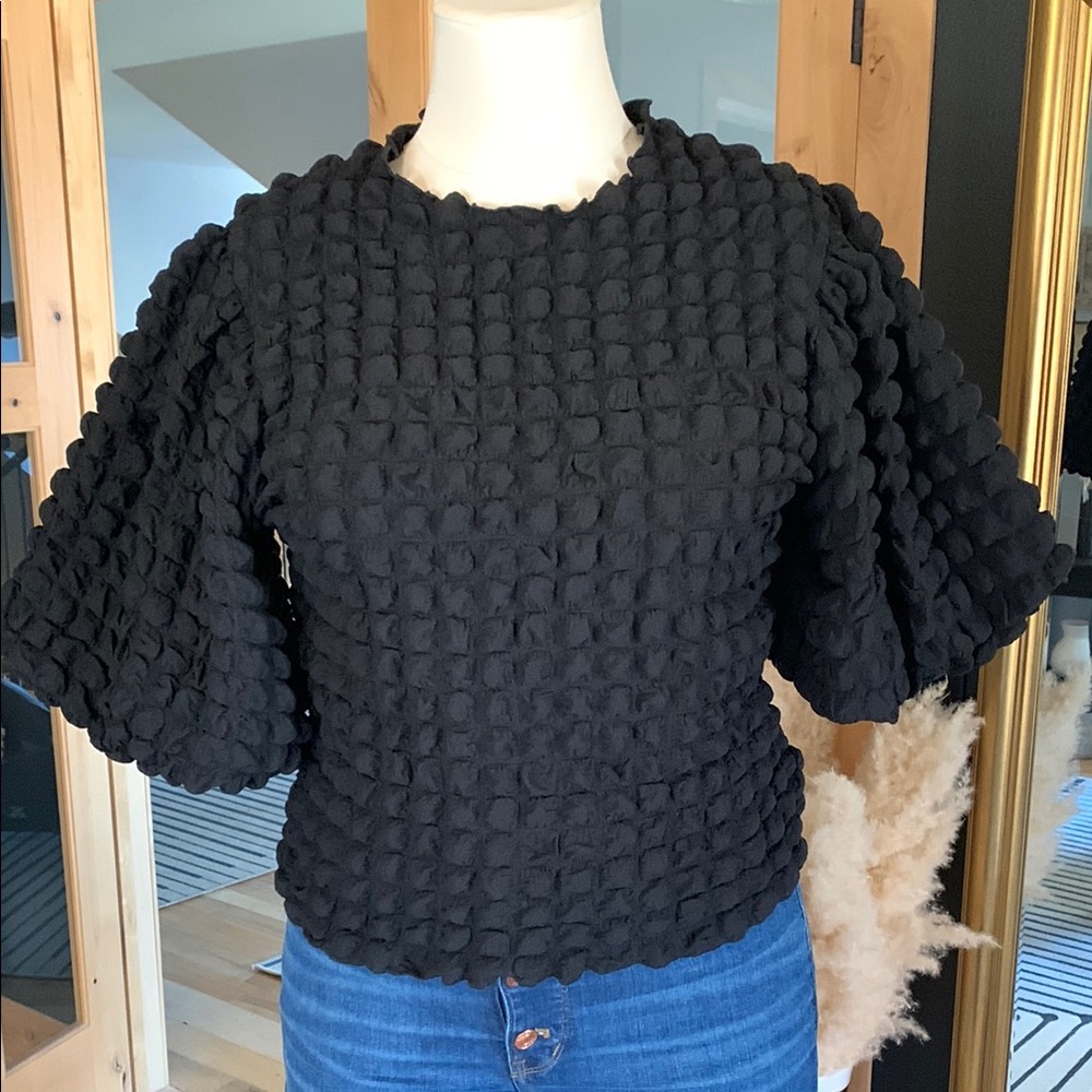 Anthropologie Black Puffy sleeve Textured Women's Top